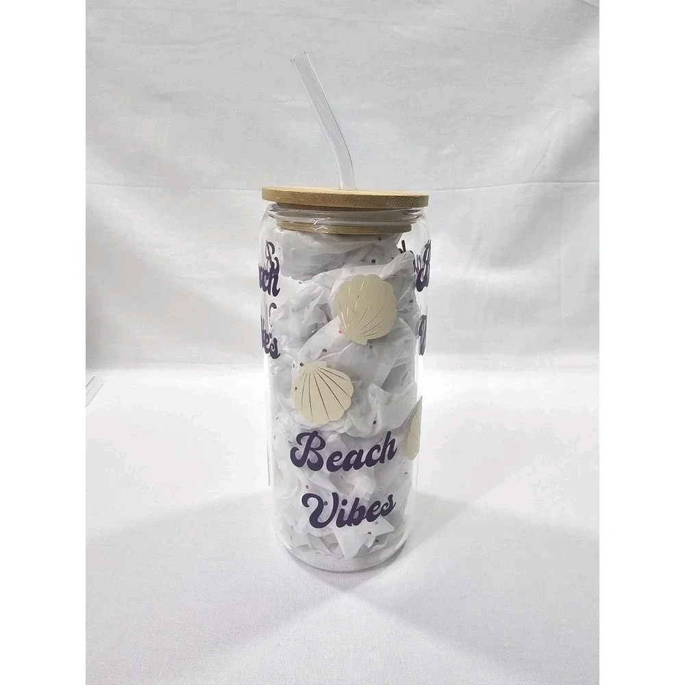 Glass Tumbler 20 oz Blue Beach Vibes With Seashells Bamboo Lid And‎ Glass Straw